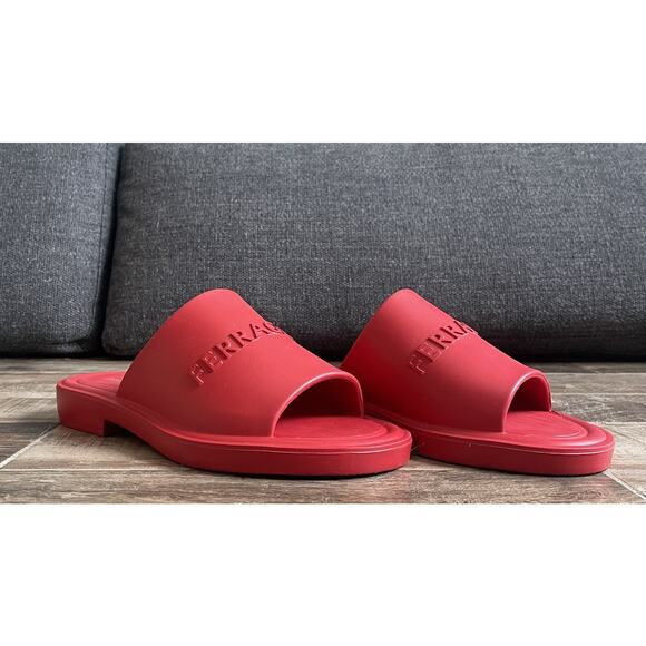 $995 NIB Ferragamo Mens Giuneva Logo Red Embossed Slides US Size 12 E main image 6